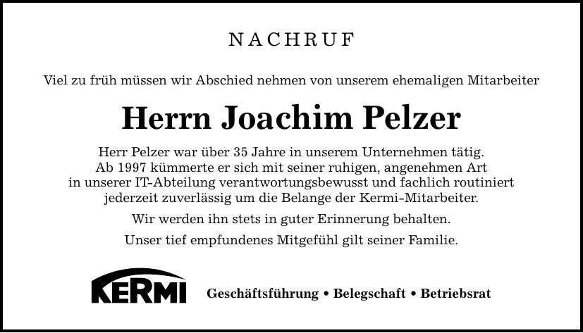 Traueranzeige Joachim Pelzer