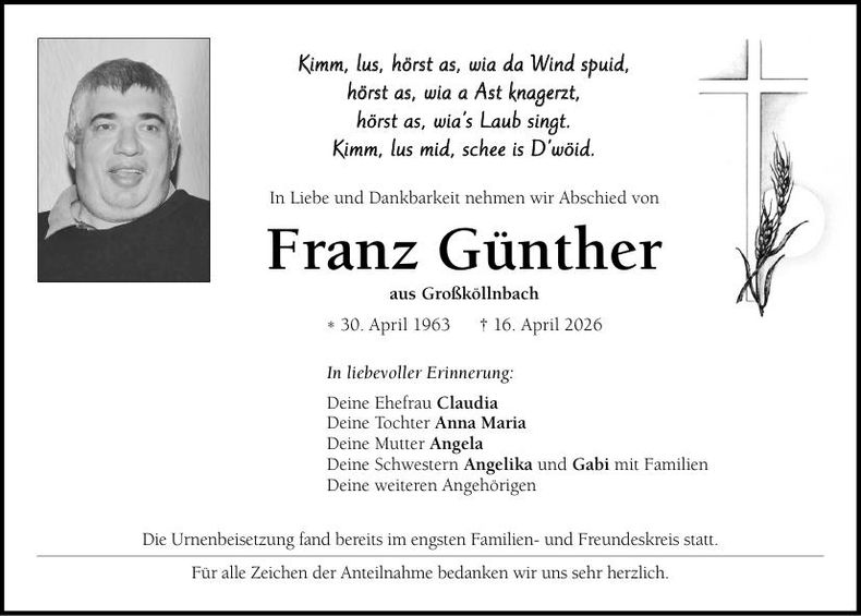 Traueranzeige Franz Günther