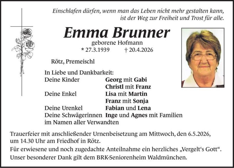 Traueranzeige Emma Brunner