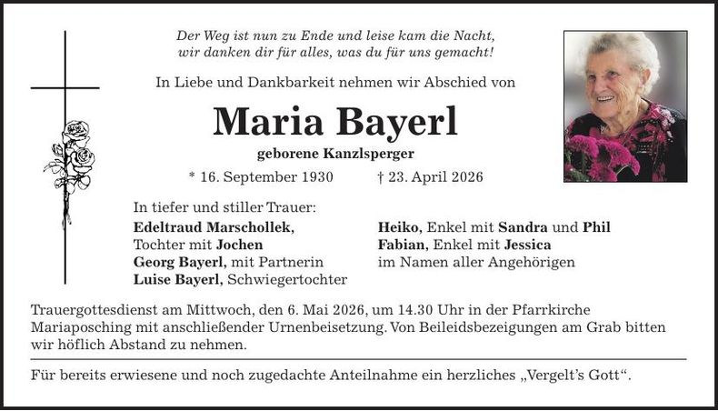 Traueranzeige Maria Bayerl