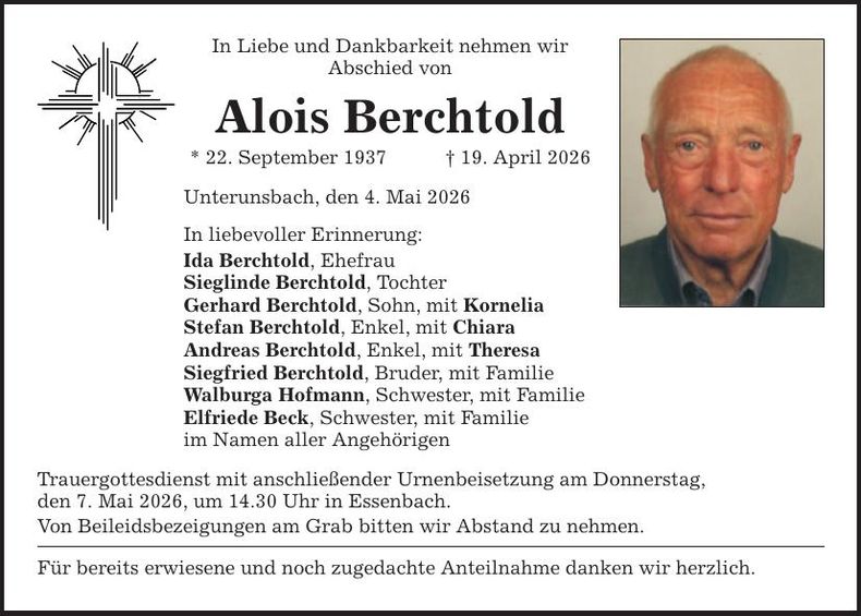 Traueranzeige Alois Berchtold