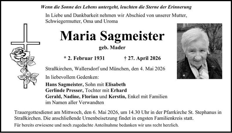 Traueranzeige Maria Sagmeister