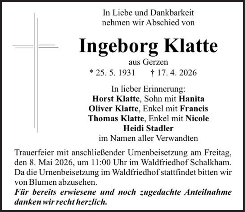 Traueranzeige Ingeborg Klatte