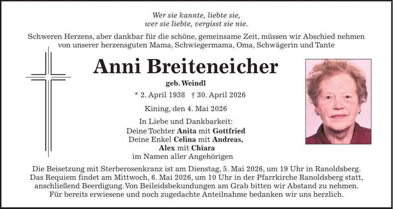 Traueranzeige Anni Breiteneicher