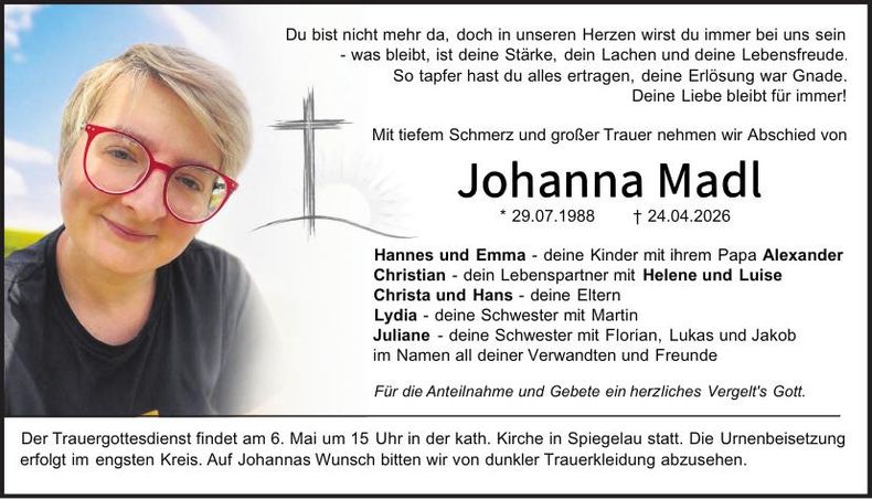 Traueranzeige Johanna Madl