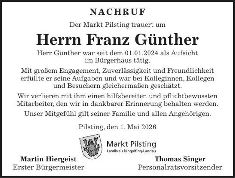 Traueranzeige Franz  Günther