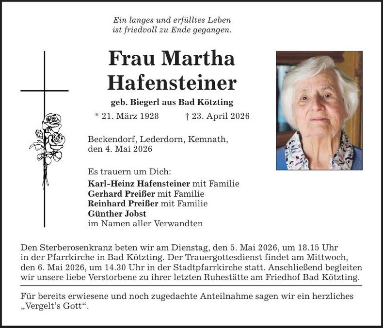 Traueranzeige Martha Hafensteiner