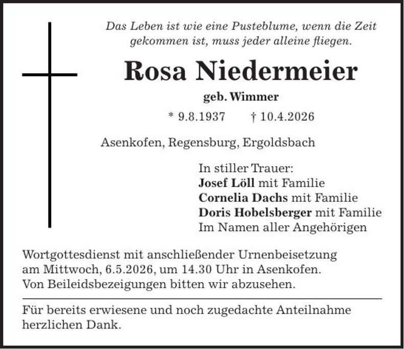 Traueranzeige Rosa Niedermeier