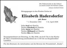 Traueranzeige Elisabeth Hadersdorfer