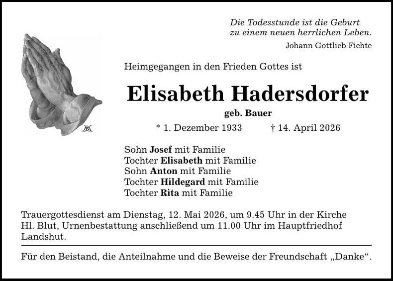 Traueranzeige Elisabeth Hadersdorfer