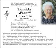 Traueranzeige Franziska (Fanny) Stierstorfer