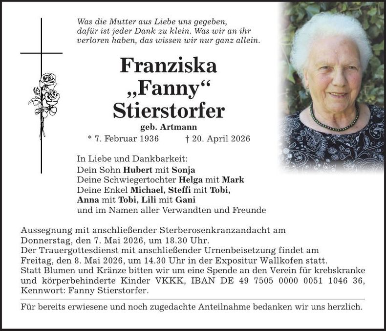 Traueranzeige Franziska (Fanny) Stierstorfer