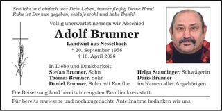 Traueranzeige Adolf Brunner