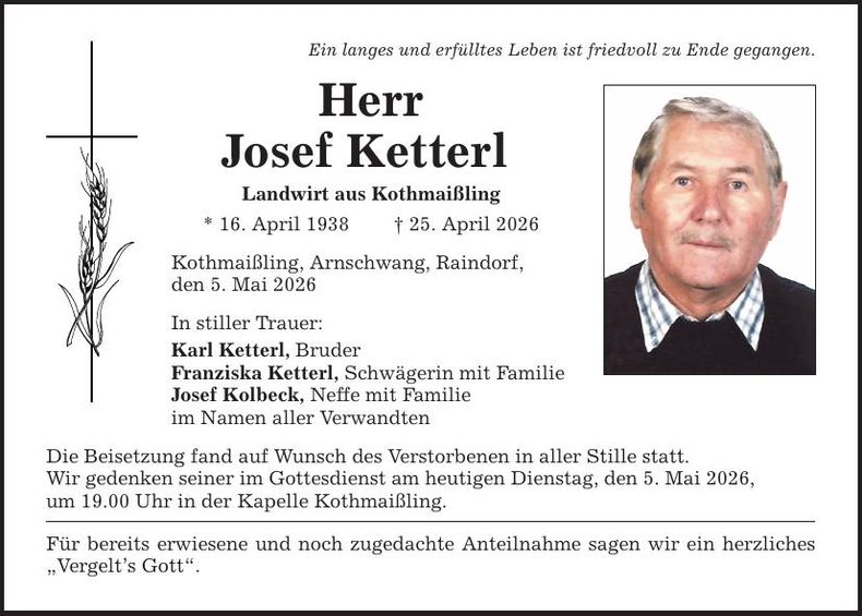 Traueranzeige Josef Ketterl