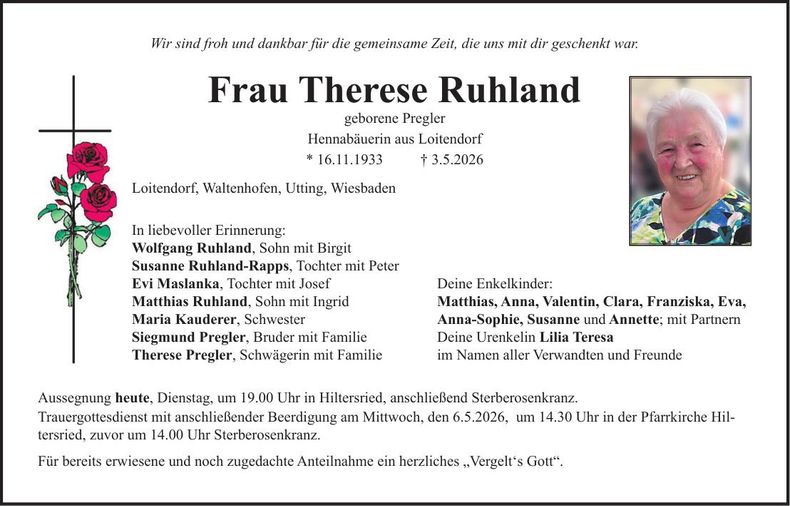Traueranzeige Therese Ruhland