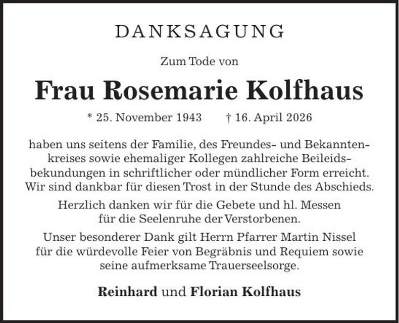 Traueranzeige Rosemarie Kolfhaus
