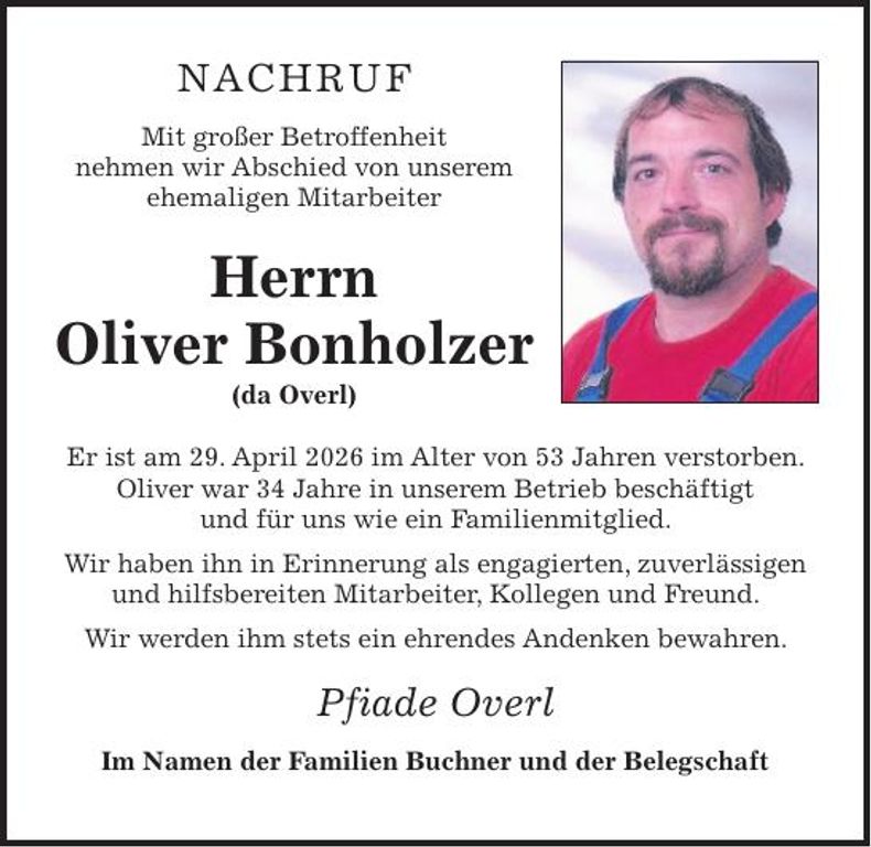 Traueranzeige Oliver Bonholzer