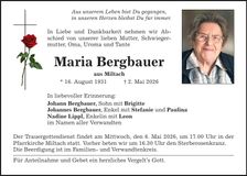 Traueranzeige Maria Bergbauer