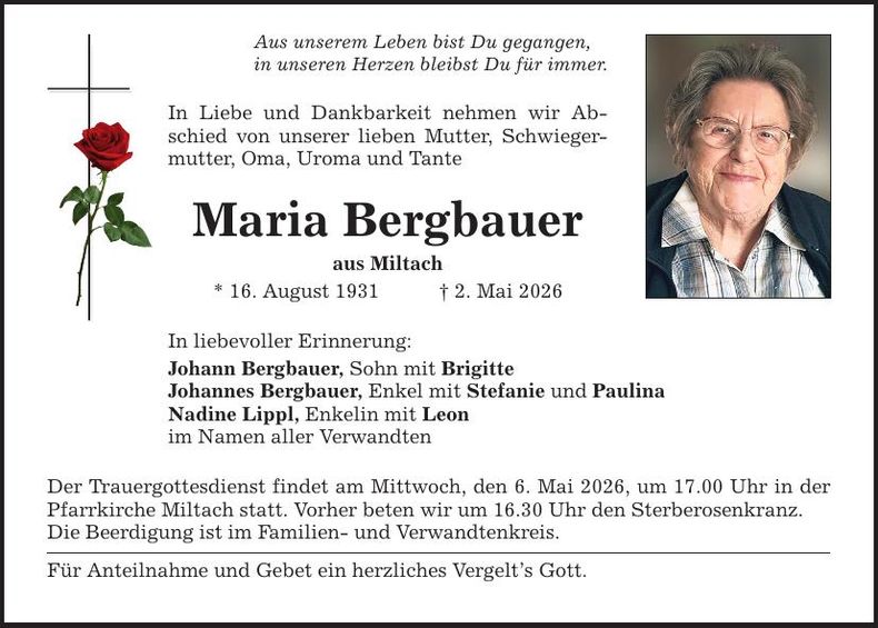 Traueranzeige Maria Bergbauer