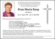 Traueranzeige Maria Rasp