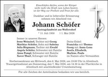 Traueranzeige Johann Schöfer