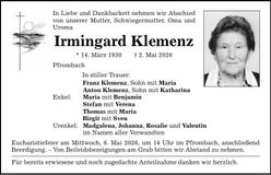 Traueranzeige Irmingard Klemenz