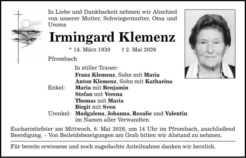 Traueranzeige Irmingard Klemenz