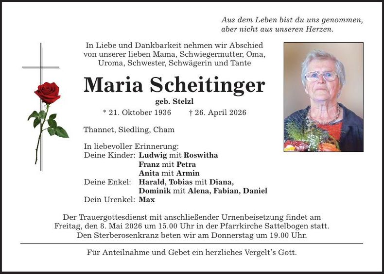 Traueranzeige Maria Scheitinger