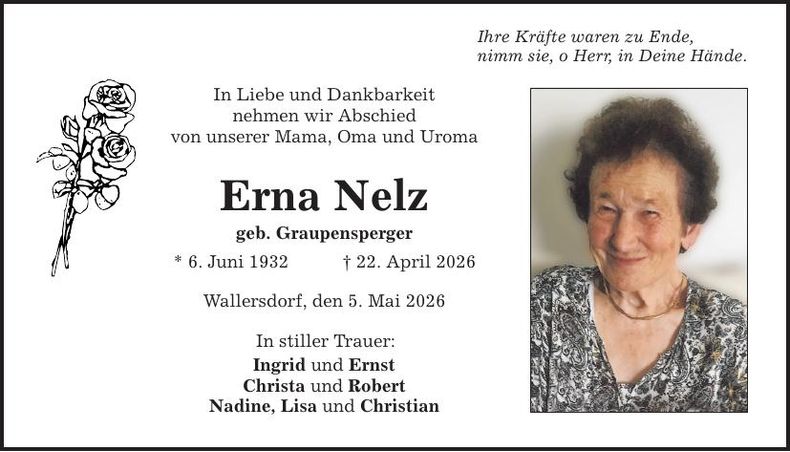 Traueranzeige Erna Nelz