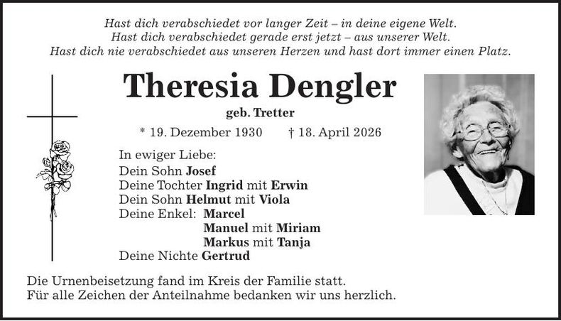 Traueranzeige Theresia Dengler