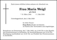 Traueranzeige Weigl Maria