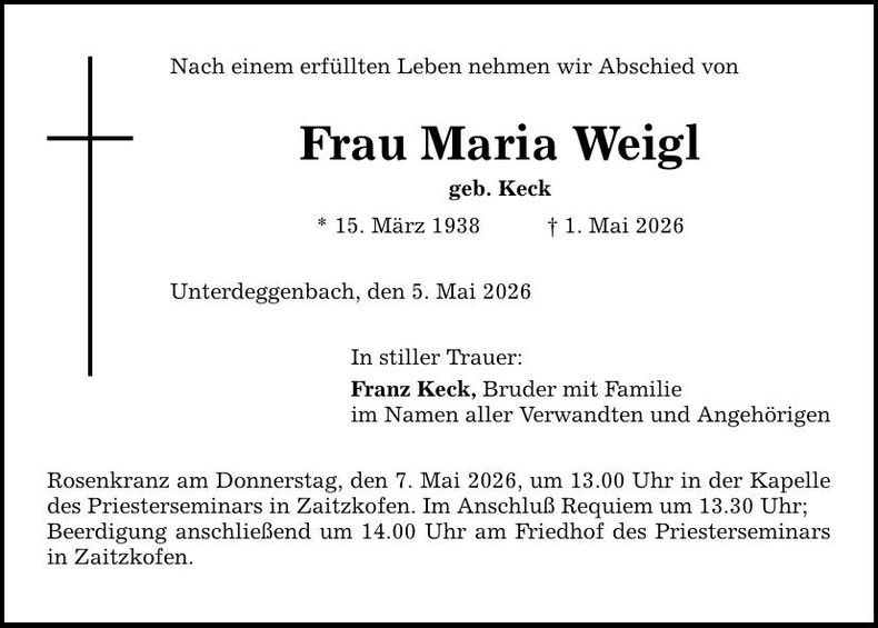 Traueranzeige Weigl Maria