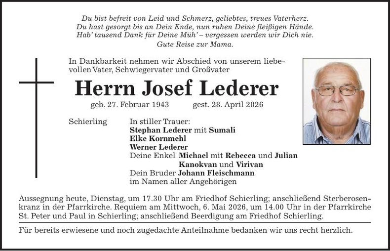 Traueranzeige Josef Lederer