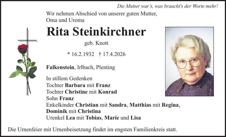 Traueranzeige Rita Steinkirchner