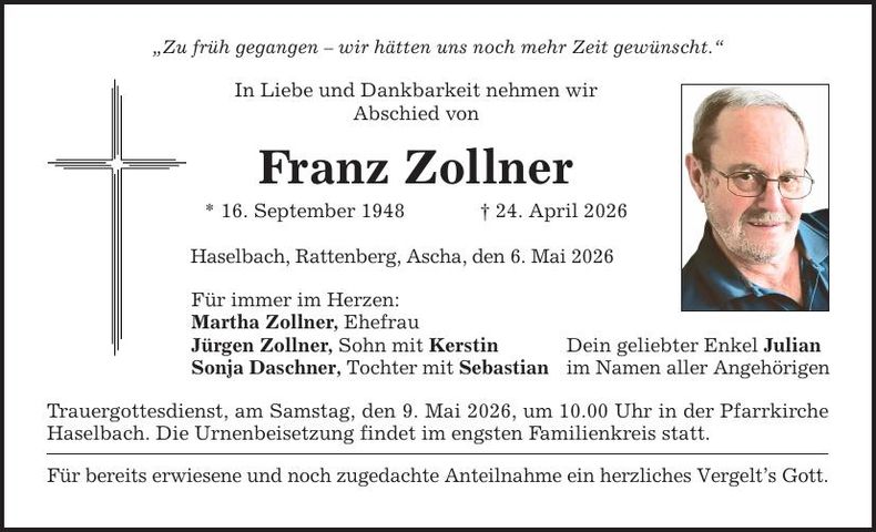 Traueranzeige Franz Zollner