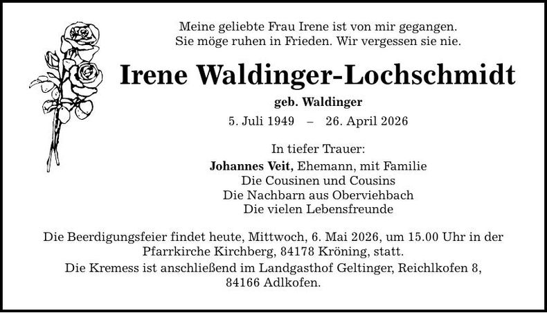 Traueranzeige Irene Waldinger-Lochschmidt