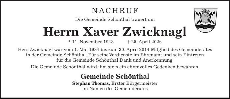 Traueranzeige Xaver Zwicknagl