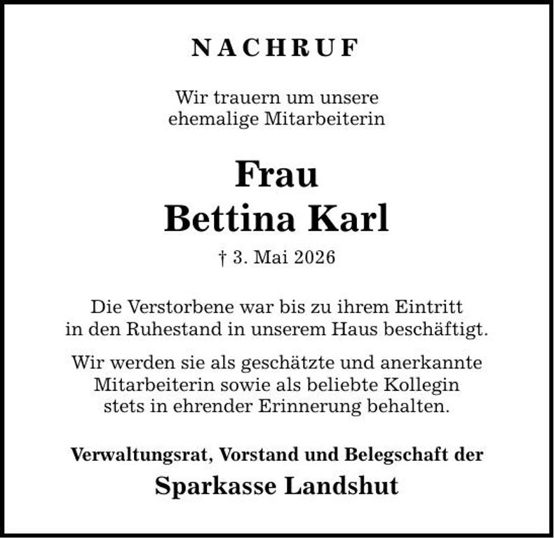 Traueranzeige Bettina Karl