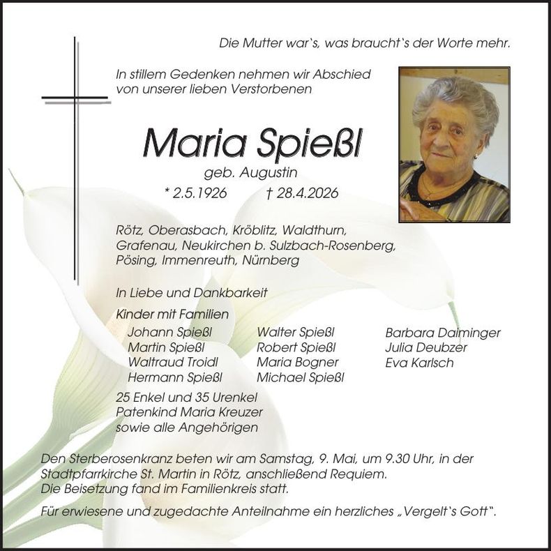Traueranzeige Maria Spießl