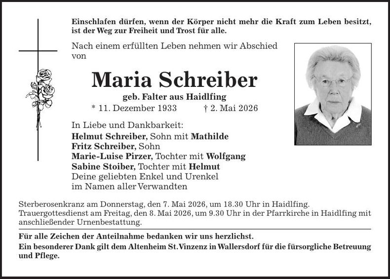 Traueranzeige Maria Schreiber