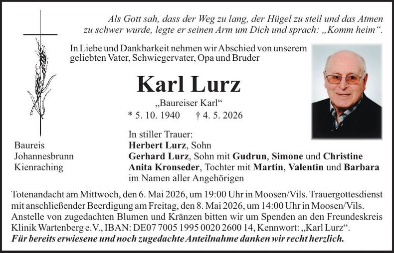 Traueranzeige Karl Lurz