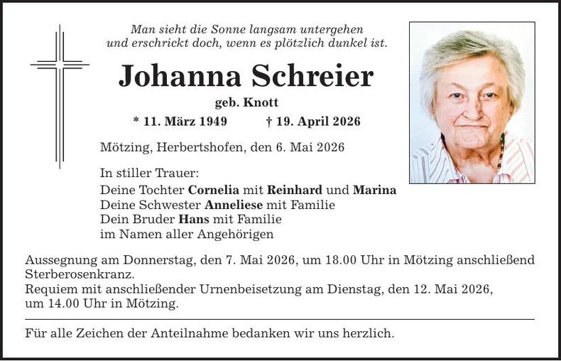 Traueranzeige Johanna Schreier