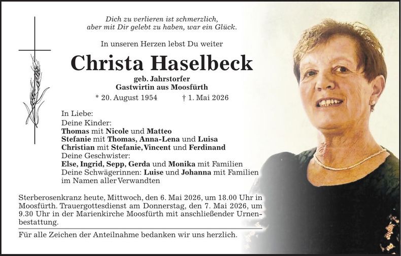Traueranzeige Christa Haselbeck