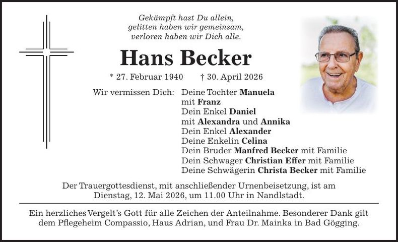 Traueranzeige Hans Becker