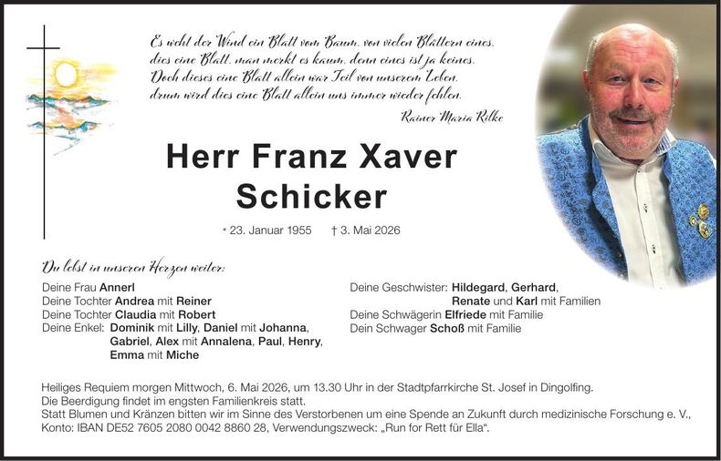 Traueranzeige Franz Xaver Schicker