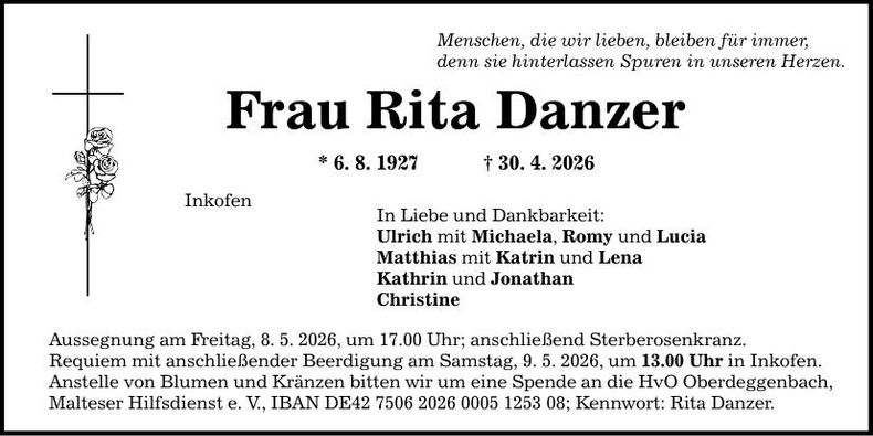 Traueranzeige Rita  Danzer 