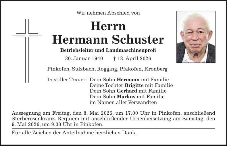 Traueranzeige Hermann Schuster