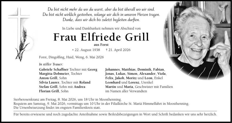 Traueranzeige Elfriede Grill