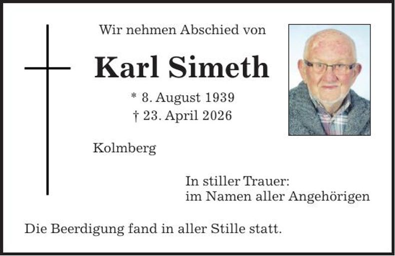 Traueranzeige Karl Simeth