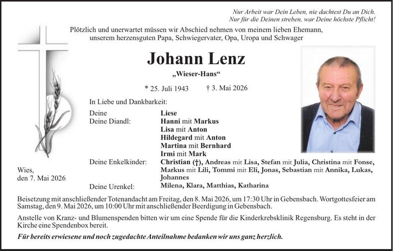Traueranzeige Johann Lenz